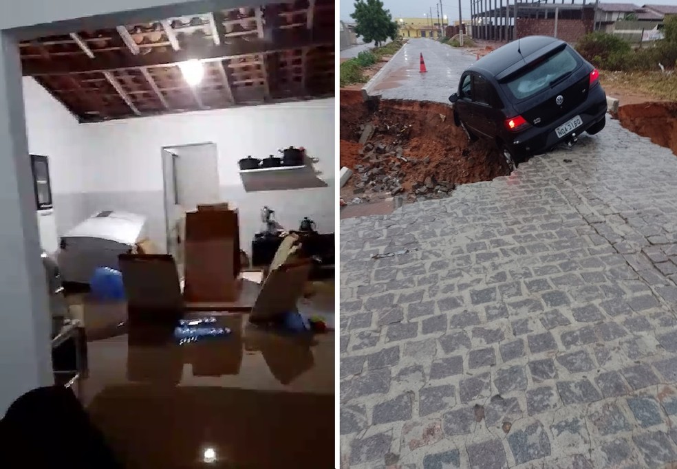 Vigilante teve casa alagada e carro engolido por cratera em diferentes cidades do RN — Foto: Reprodução