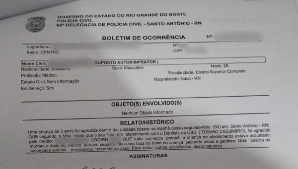 Boletim de ocorrência registrado no RN denuncia dentista de dar tapa em criança — Foto: Reprodução