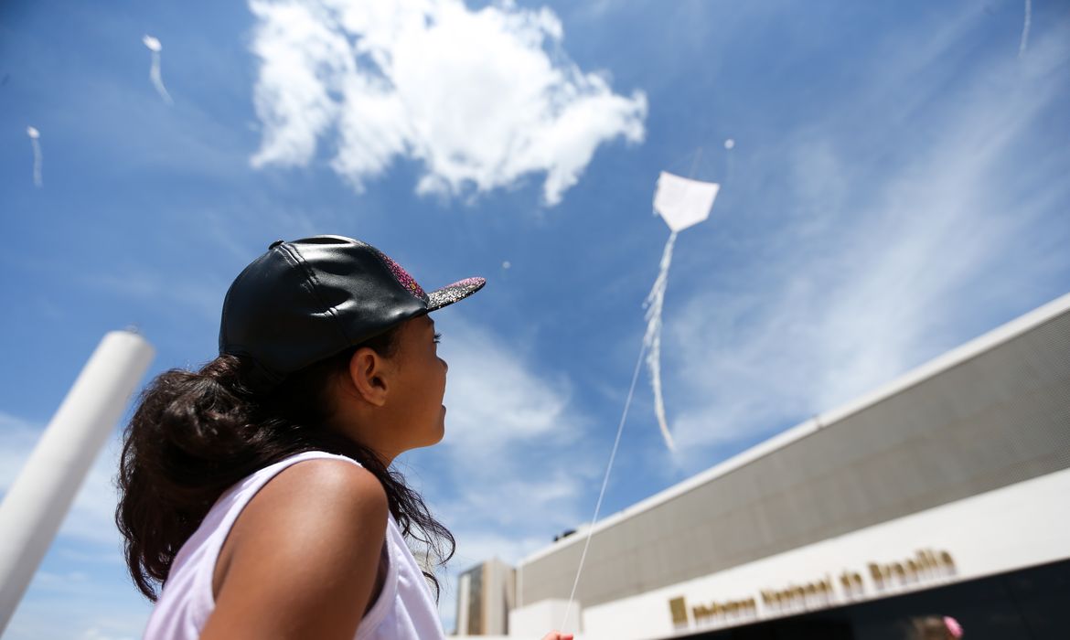 Brasília - Alunos do Sesc soltam pipas com trechos de livros e poesias, no espaço entre a Biblioteca Nacional e o Museu Nacional de Brasília (Marcelo Camargo/Agência Brasil)