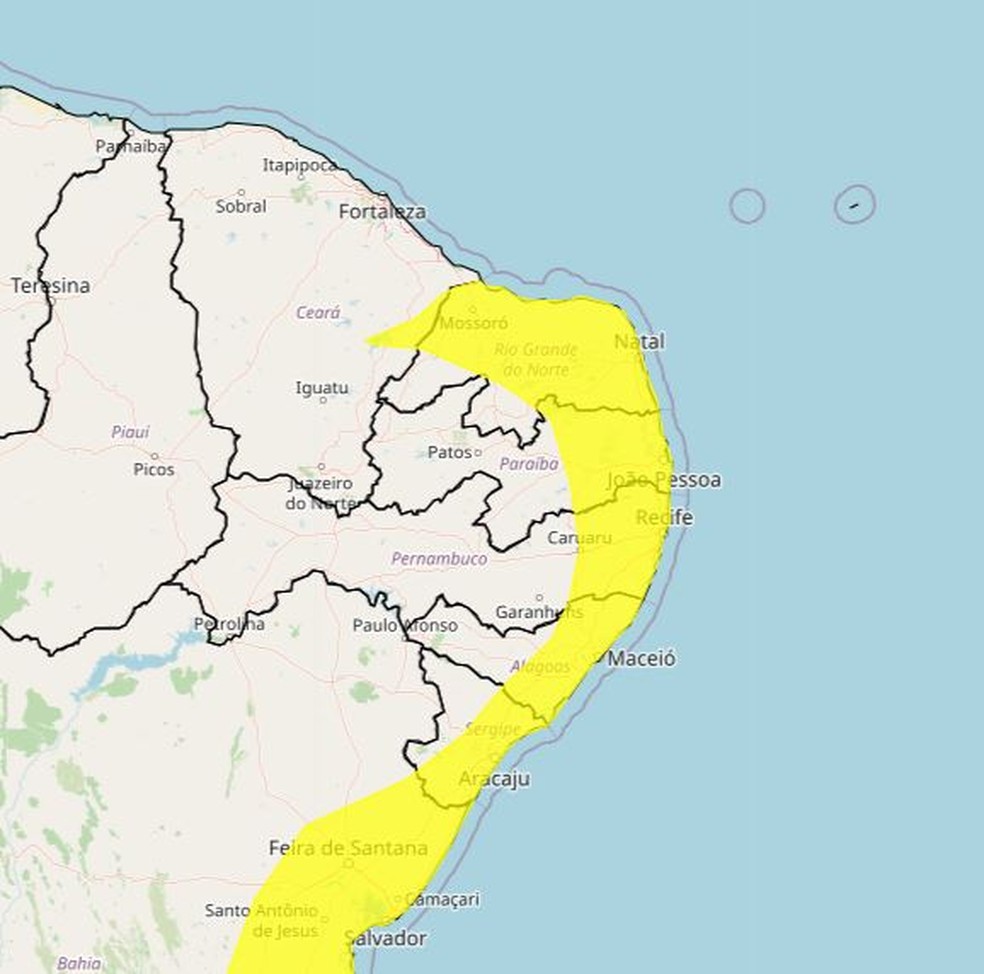 Alerta atinge boa parte do Rio Grande do Norte — Foto: Divulgação/Inmet