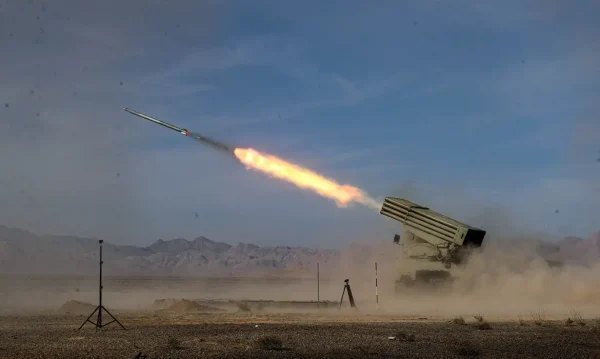 FILE PHOTO: A missile is launched during a military exercise in Isfahan, Iran, October 28, 2023. Iranian Army/WANA (West Asia News Agency)/Handout via REUTERS/File Photo