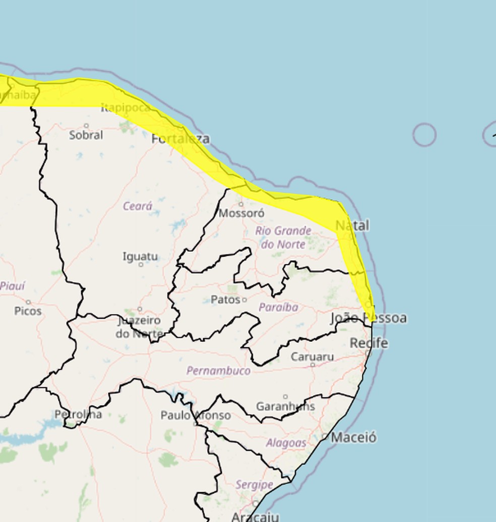 Alerta atinge principalmente cidades do litoral do RN — Foto: Divulgação