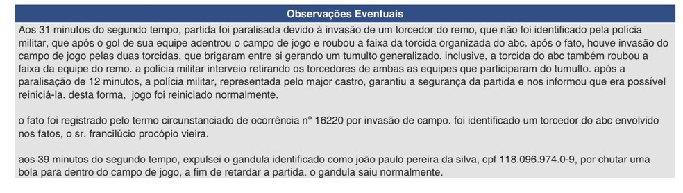 Súmula de ABC x Remo — Foto: Reprodução