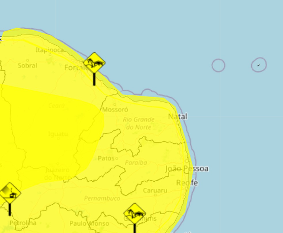Alertas da cor amarela foram divulgados para todo o estado do RN — Foto: Divulgação/Inmet